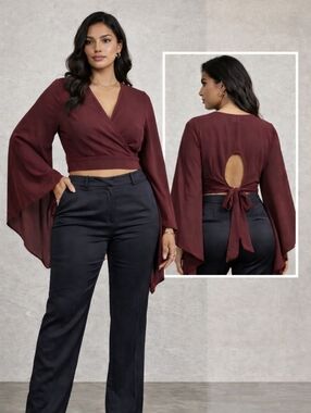 New Rag Therapy Burgundy Wrap Crop Top Open Back Tie Bell Sleeve USA Semi Sheer